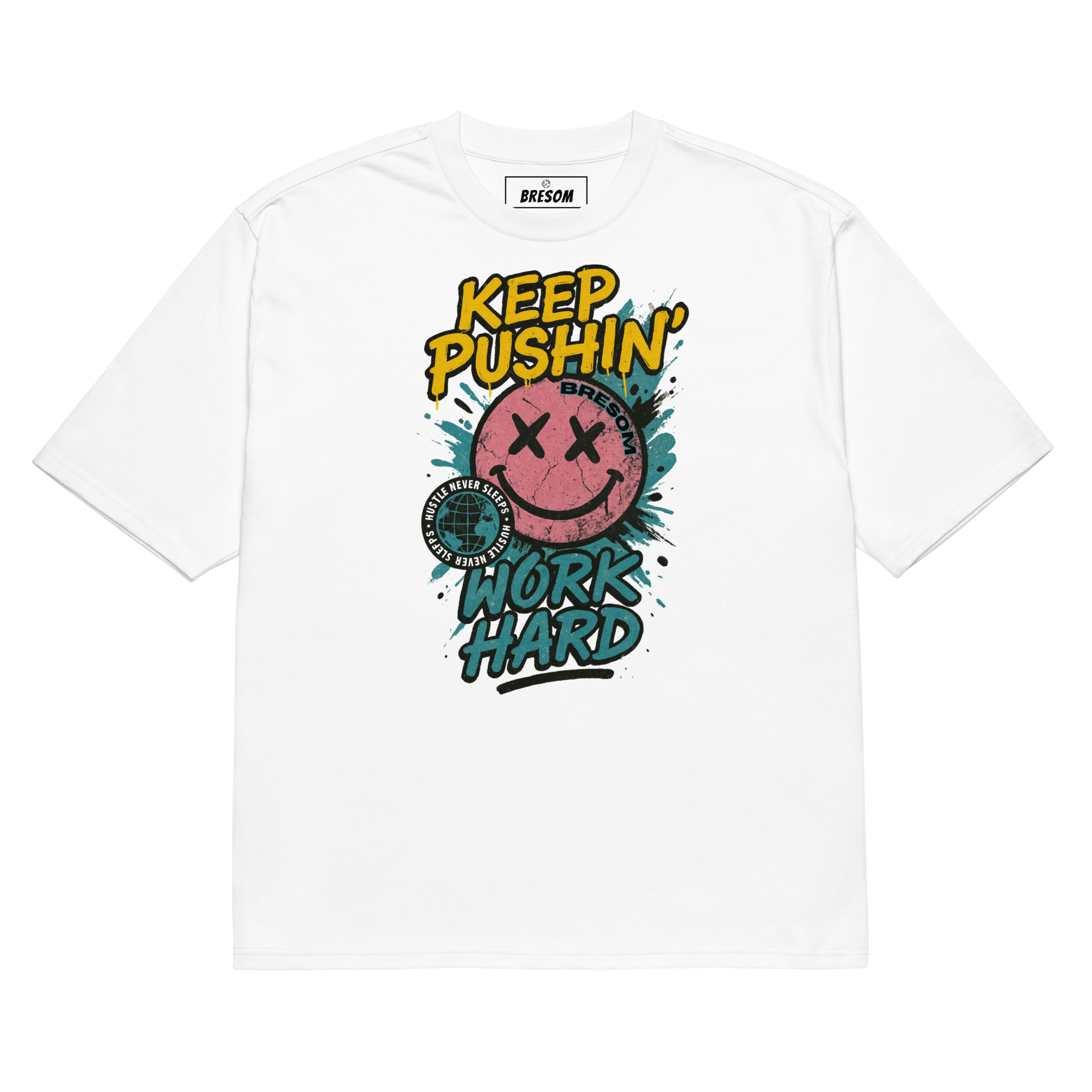 TSHIRT BRESOM - (OVERSIZE) Smiley BRESOM workhard - BLANC - plat - Avant